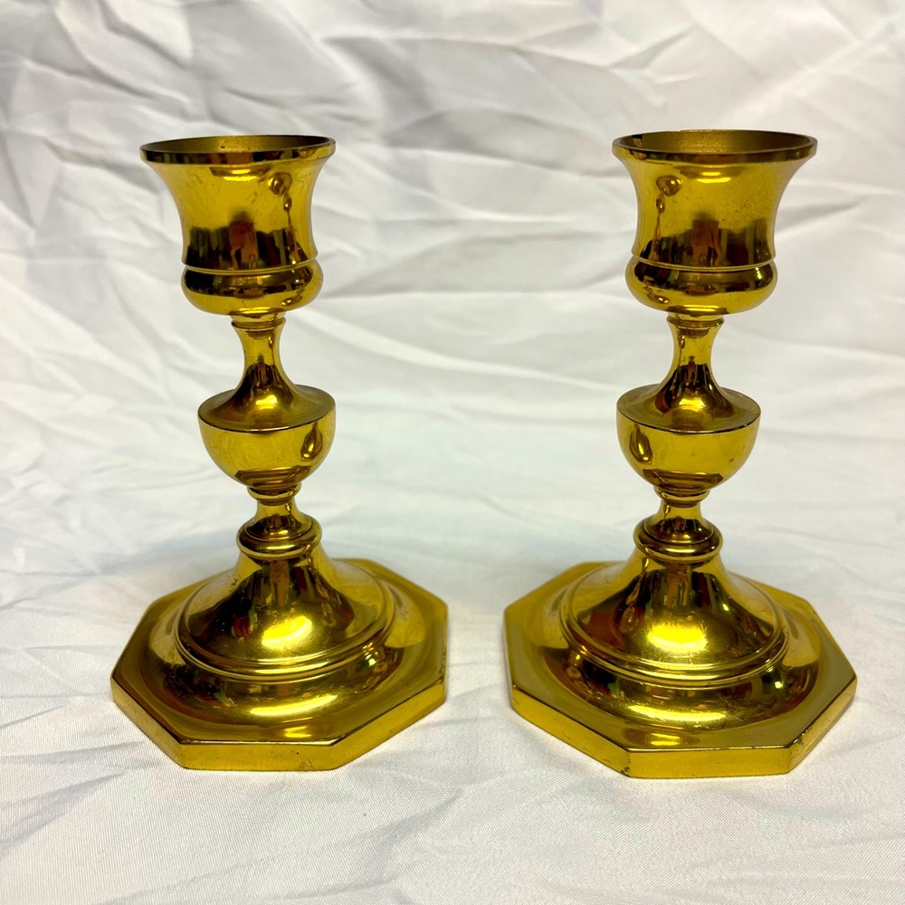 Set Of 2 Vintage Brass 4.5" Candle Holder Candlestick Heavy